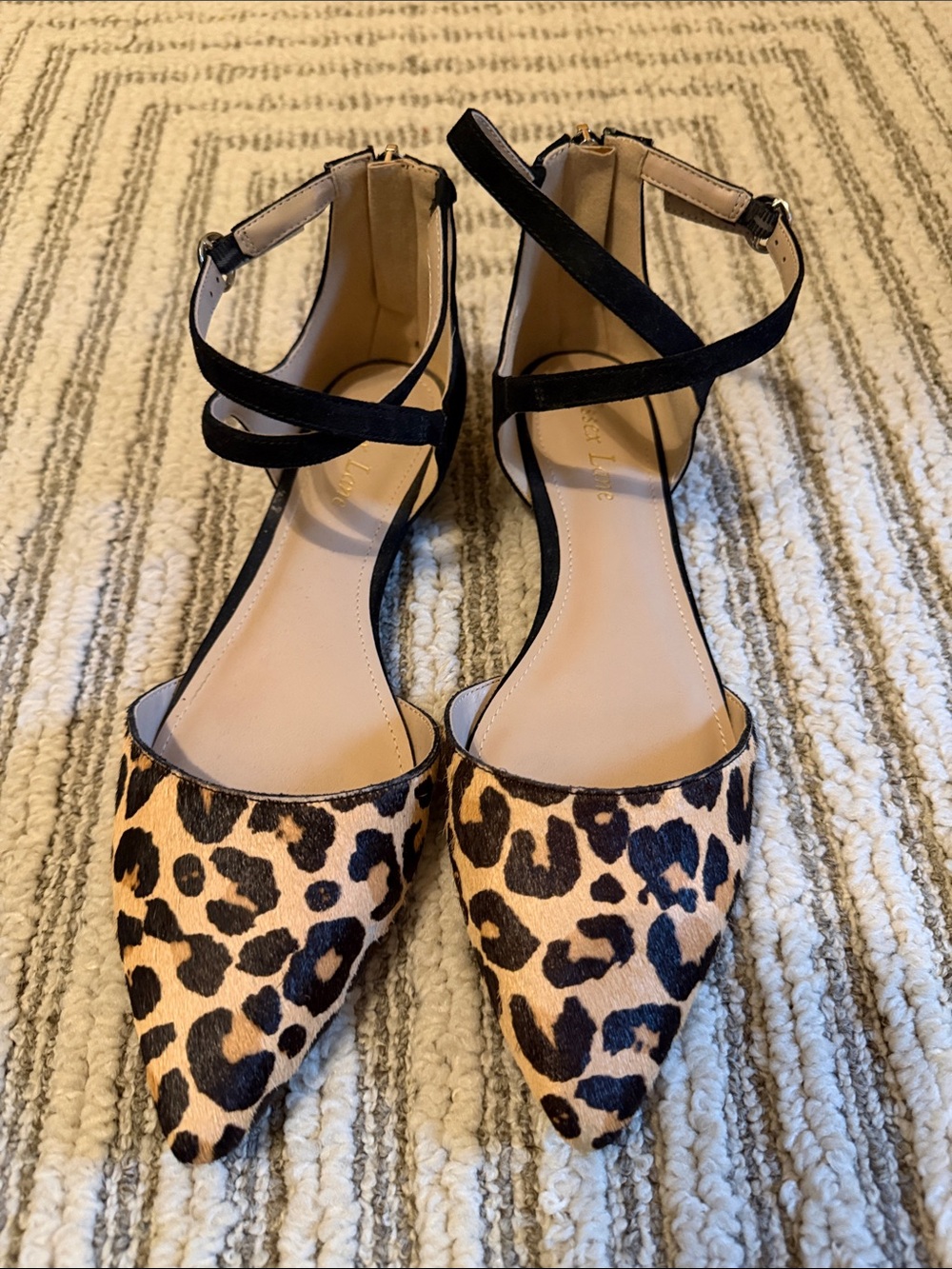 Essex Lane Leopard Print Pointed Flats with Black Ankle Straps